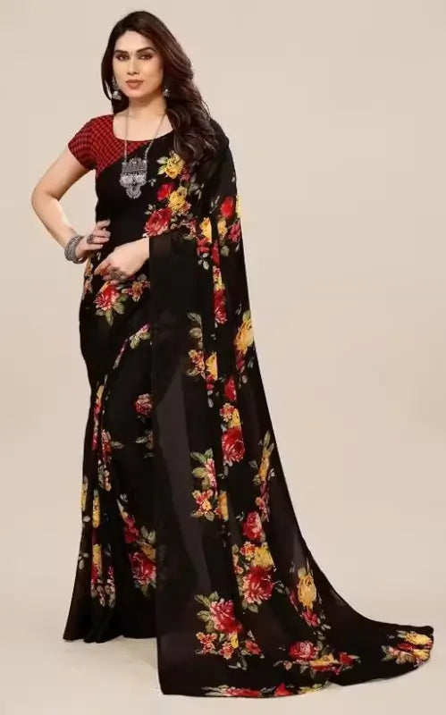 Women's Designer Georgette Floral Printed Saree with Blouse Piece – Cotton Blend, Free Size