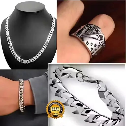 Combo Bracelet, Ring, and Chain Necklace for Men and Boys – Silver Plated with Agate Pendant.