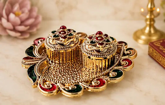 Premium Bhaiya Bhabhi Rakhi Set with Decorative Thali, Roli & Chawal | Designer Beaded Raksha Bandhan Rakhi Combo for Brother & Sister-in-Law
