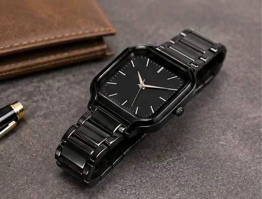 Women’s Square Black Dial Watch – Stainless Steel Strap Quartz Analog Wristwatch | Stylish Rose Fashion Watch