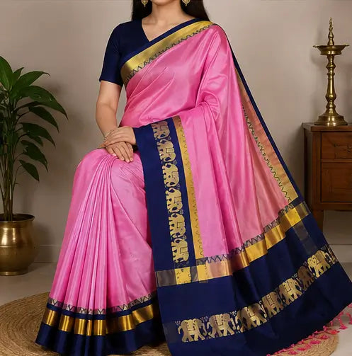 Elephant Design Cotton Silk Saree with Running Blouse Piece, Free Size
