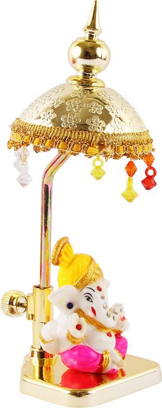 Exquisite Marble Ganesh with Umbrella Elegant Idol Decorative Showpiece - 20 cm (Polyresin, Multicolor)