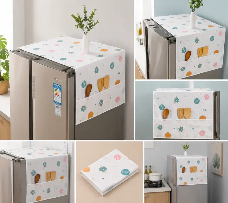 Fridge Top Cover with 6 Utility Pockets – Waterproof Printed Refrigerator Cover 130 × 54 cm with Handle Cover