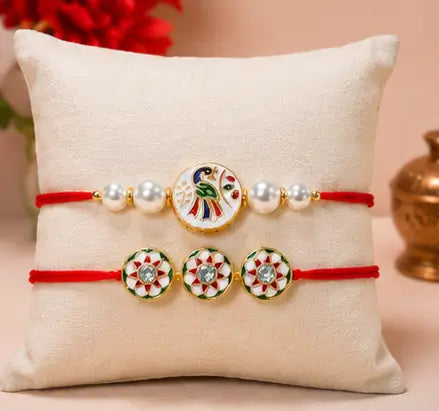 Bhaiya Rakhi Set – Pack of 2 Premium Peacock Rakhi with Roli Chawal | Traditional Raksha Bandhan Rakhi for Brother