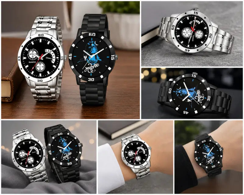 Men’s Analog Watch Combo Pack of 2 – Black Dial Stainless Steel Chain & Rubber Strap Watches | Quartz Casual Wristwatch Set