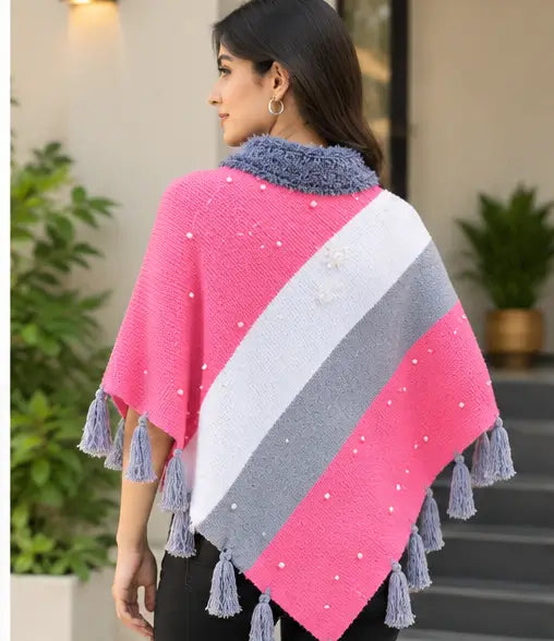 Women’s Stylish Pink Poncho with Fur Collar, Pearl Detailing & Tassel Design