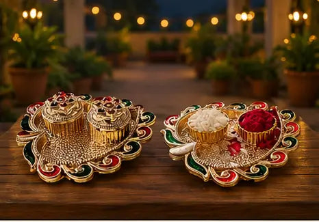 Premium Bhaiya Bhabhi Rakhi Set with Decorative Thali, Roli & Chawal | Designer Beaded Raksha Bandhan Rakhi Combo for Brother & Sister-in-Law
