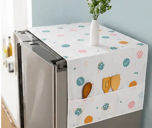 Fridge Top Cover with 6 Utility Pockets – Waterproof Printed Refrigerator Cover 130 × 54 cm with Handle Cover