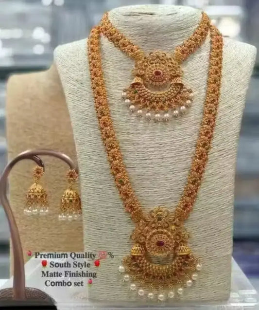 Princess Unique Jewellery Set | Gold-Plated Alloy Haram and Earrings with Pearls, Adjustable.