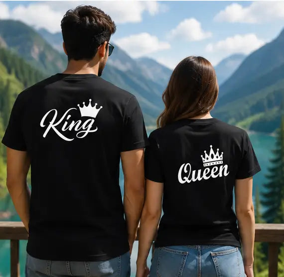 King Queen Couple T-Shirt Set – Printed Cotton Blend Matching T-Shirts for Men & Women (Pack of 2)