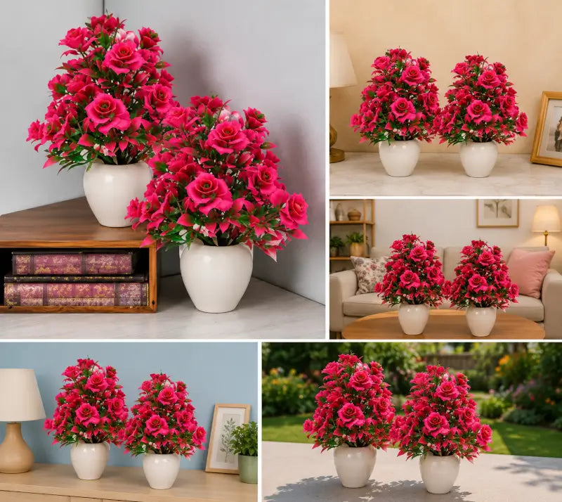 Artificial Rose Bonsai Plant in Pot – Decorative Faux Flower Plant for Home, Office & Table Décor (Set of 2)