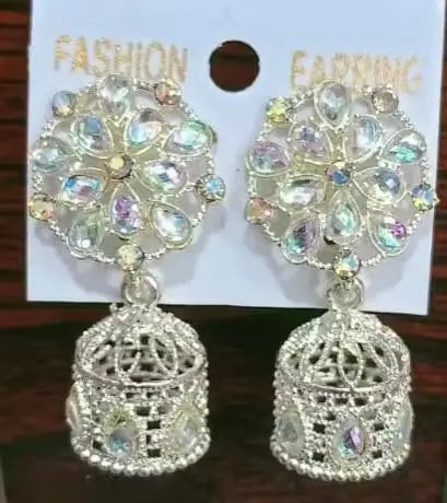 Silver Jhumka Earrings – Adjustable Silver-Plated Jewelry with Artificial Stones