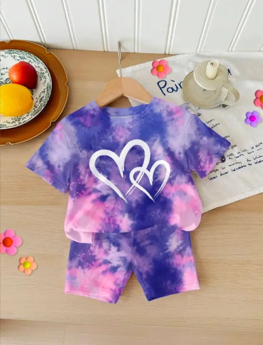 Kids Tie-Dye Heart Print Summer Set Purple & Pink Tie-Dye T-Shirt and Shorts Set