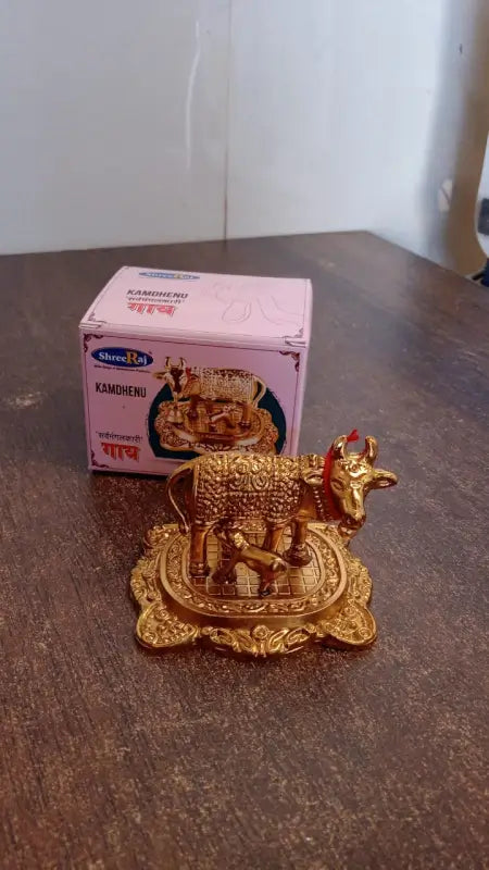Metal golden kamdhenu cow with calf showpiece essential idol|idols - USB Powered