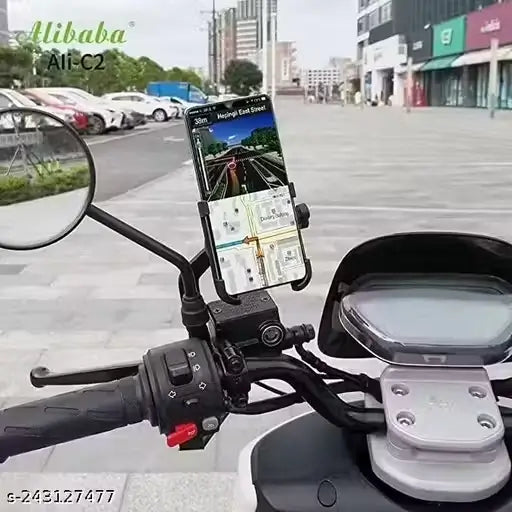 Full Metal Body 360° Rotating Mobile Holder Stand for Bike, Scooty & Bicycle | Anti-Vibration & Shockproof | Universal for Phones up to 6.5" (Black, Random Colors).