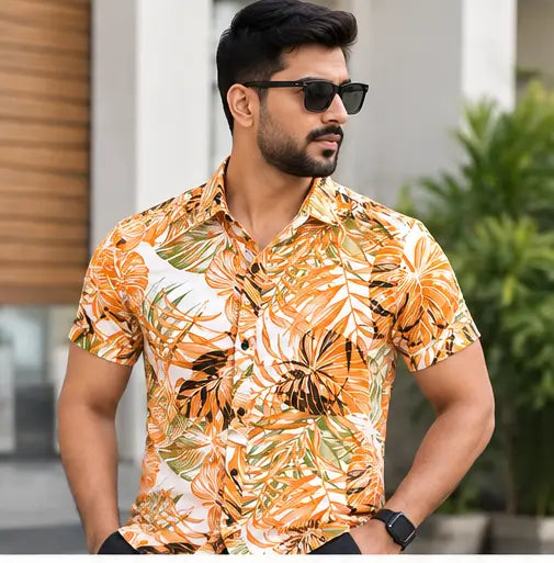 Scaglia Printed Green Cotton Shirt for Men – Short Sleeve Regular Fit Casual & Office Wear
