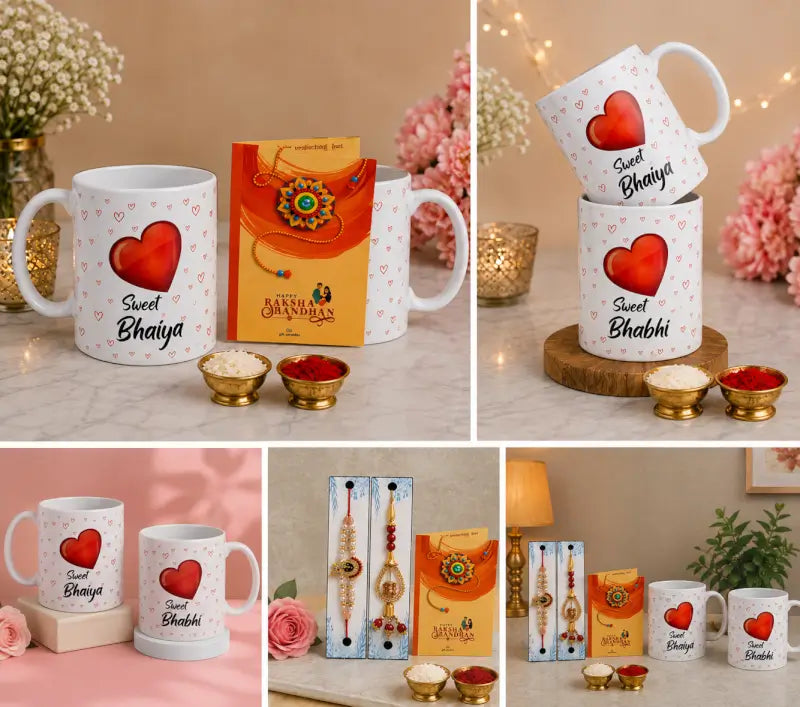 Rakhi Gift Combo Set – Bhaiya Bhabhi Rakhi with 2 Coffee Mugs & Festive Gift Set (5 Pieces)
