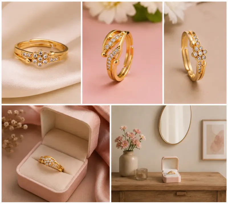 Combo of 2 Gold Plated Adjustable American Diamond Rings for Women & Girls | Free Size Finger Ring Set