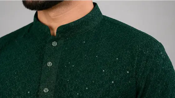 Men's Chikankari Embroidered Rayon Kurta – Full Sleeve Sequin Work Ethnic Kurta for Festive & Wedding Wear