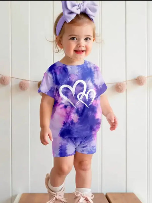 Kids Tie-Dye Heart Print Summer Set  Purple & Pink Tie-Dye T-Shirt and Shorts Set