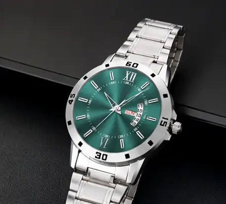 Men’s Analog Watch – Olive Green Dial with Stainless Steel Strap | Day & Date Display Quartz Wristwatch