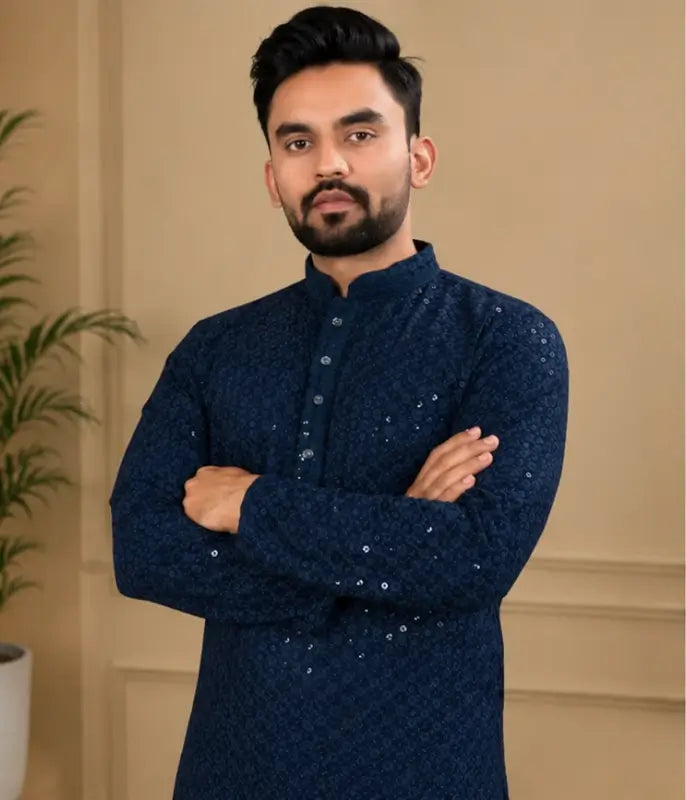 Men's Chikankari Embroidered Rayon Kurta – Full Sleeve Sequin Work Ethnic Kurta for Festive & Wedding Wear
