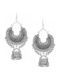 Fashionable Earring & Necklace Set – Silver Oxidised Mirror Work Jhumka Earrings for Women & Girls
