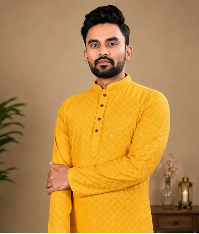 Men's Chikankari Embroidered Rayon Kurta – Full Sleeve Sequin Work Ethnic Kurta for Festive & Wedding Wear
