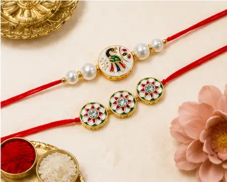 Bhaiya Rakhi Set – Pack of 2 Premium Peacock Rakhi with Roli Chawal | Traditional Raksha Bandhan Rakhi for Brother