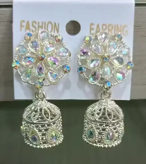 Silver Jhumka Earrings – Adjustable Silver-Plated Jewelry with Artificial Stones