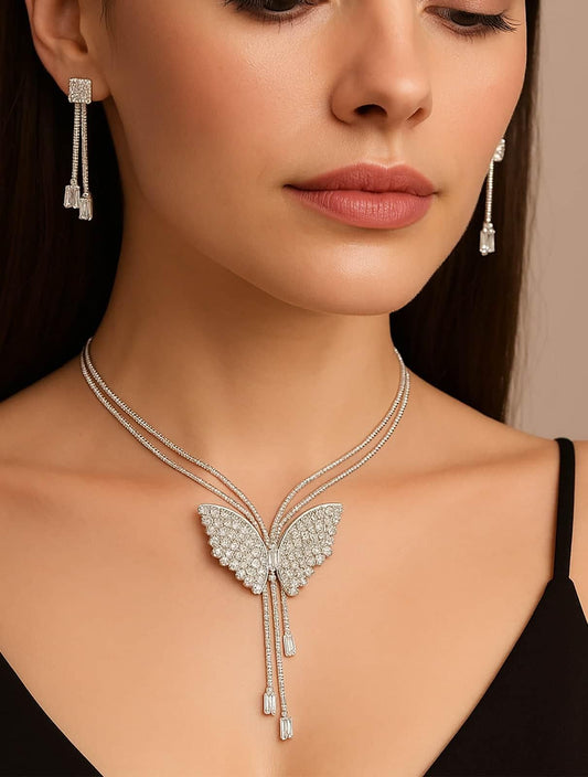 💖 Butterfly Pendant Necklace with Earrings – Elegant Silver Party Wear Jewelry 💖