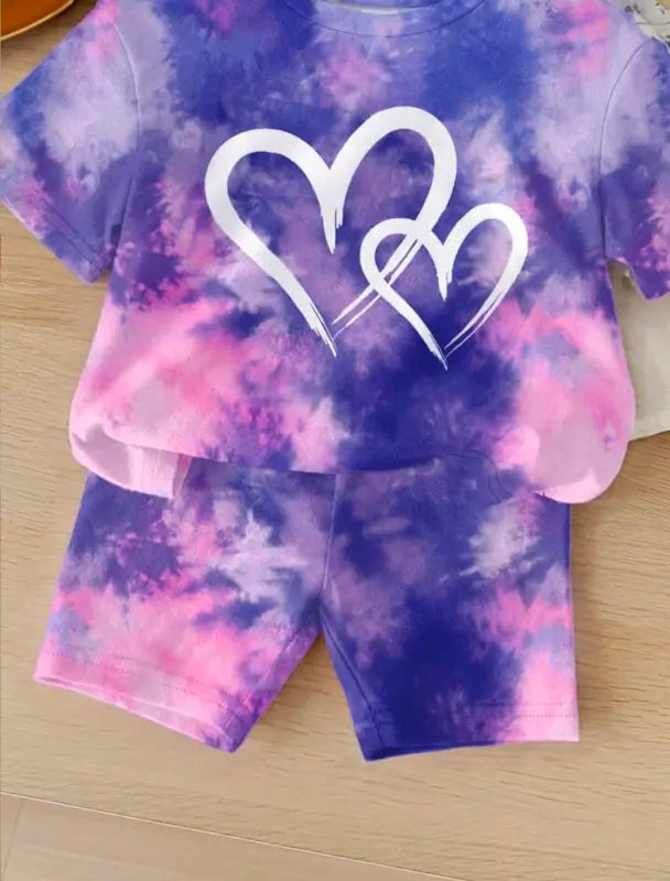 Kids Tie-Dye Heart Print Summer Set  Purple & Pink Tie-Dye T-Shirt and Shorts Set