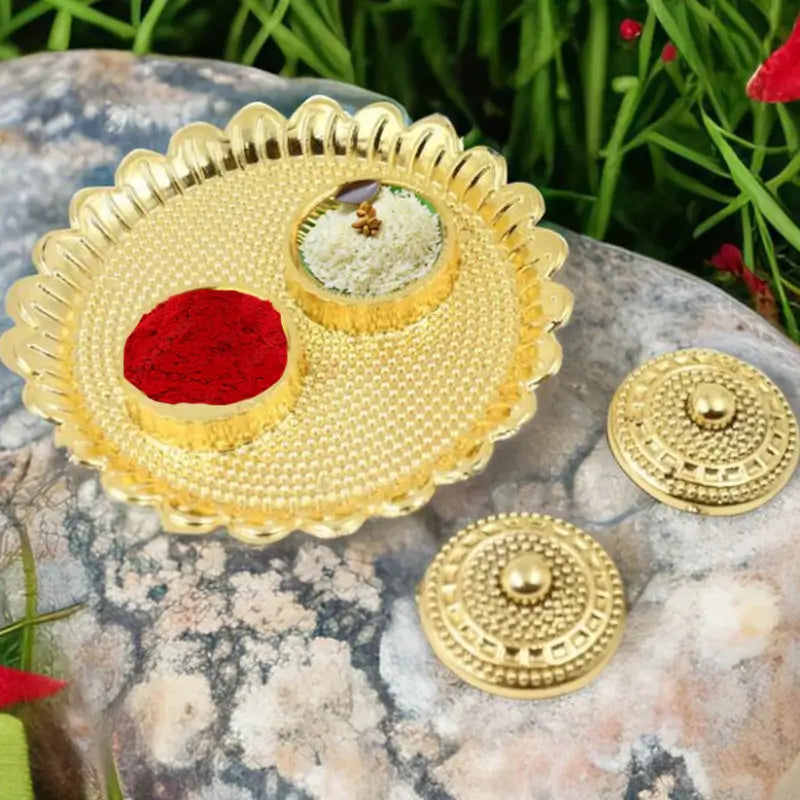 Golden Designer Pooja Thali Set with Kumkum & Diya Holders – Decorative Puja Plate for Festivals, Aarti & Home Temple