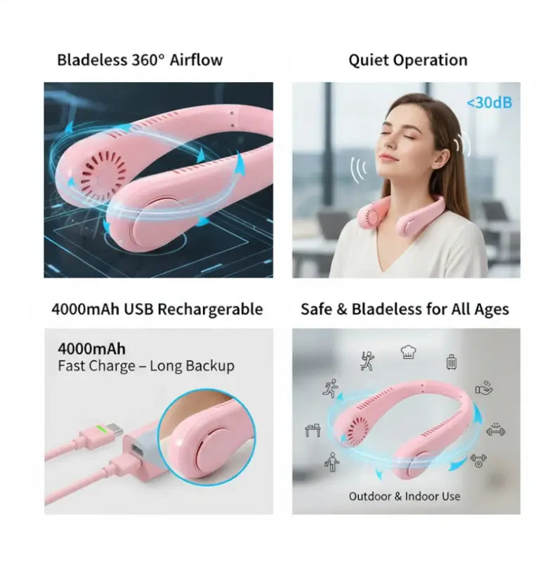 Portable Neck Fan – Hands Free Bladeless USB Rechargeable 360° Cooling Wearable Neck Fan
