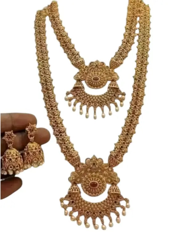 Princess Unique Jewellery Set | Gold-Plated Alloy Haram and Earrings with Pearls, Adjustable.