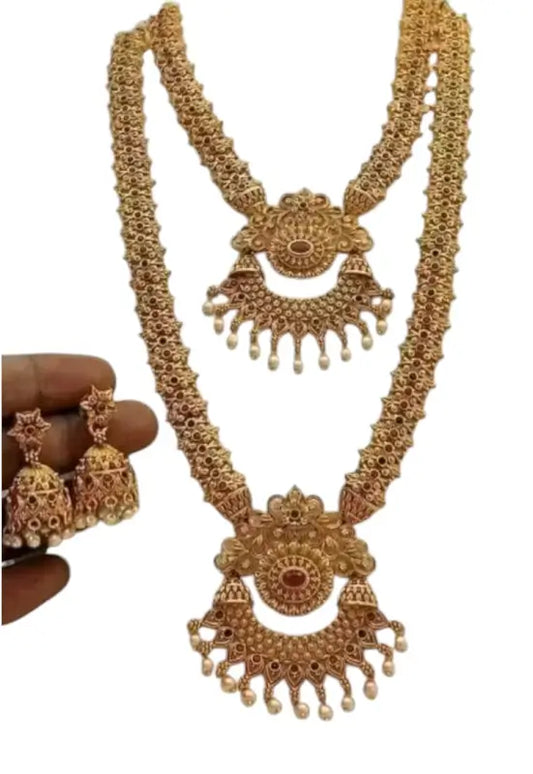 Princess Unique Jewellery Set | Gold-Plated Alloy Haram and Earrings with Pearls, Adjustable.