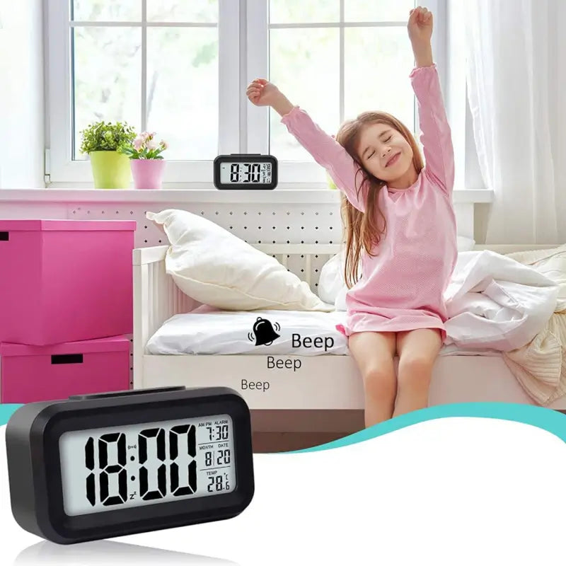 Digital lcd alarm clock with backlight optically controlled battery-powered clock with time, date, and temperature - Durable Plastic