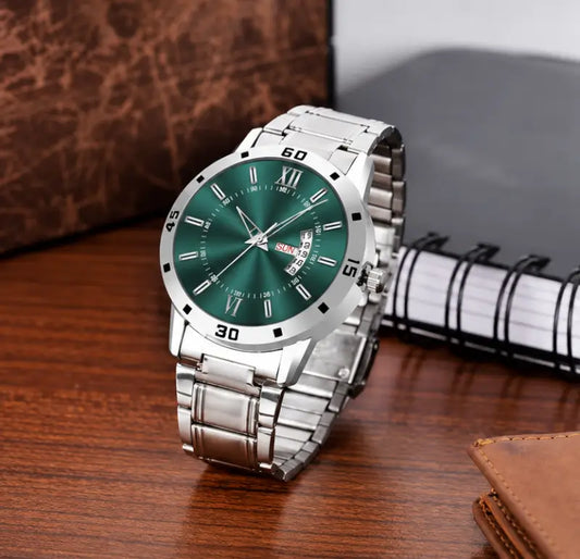Men’s Analog Watch – Olive Green Dial with Stainless Steel Strap | Day & Date Display Quartz Wristwatch