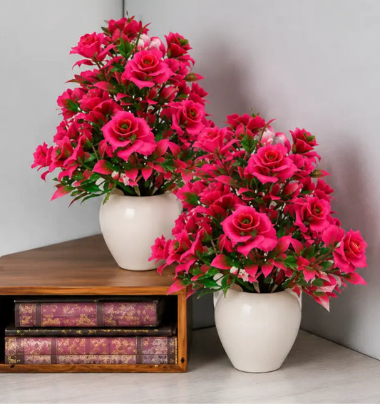 Artificial Rose Bonsai Plant in Pot – Decorative Faux Flower Plant for Home, Office & Table Décor (Set of 2)