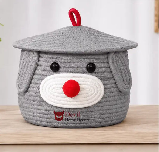 Cute Dog Shape Cotton Rope Storage Basket with Lid | Multipurpose Toy, Clothes & Nursery Organizer