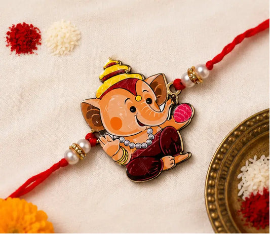 Friendly Wooden Ganpati Bappa Cartoon Rakhi for Kids | Handmade Rakshabandhan Rakhi with Roli Chawal