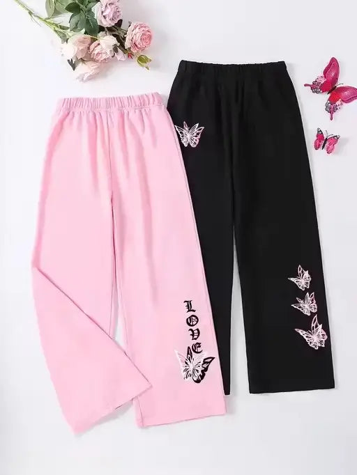 Girls Butterfly Print Wide Leg Pants Set – Cotton Summer Wear (2 Pcs)