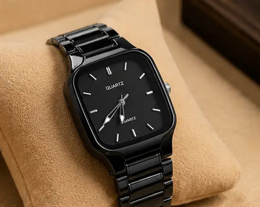 Men's Black Analog Quartz Watch – Stylish Square Dial Metal Strap Wrist Watch for Boys & Men