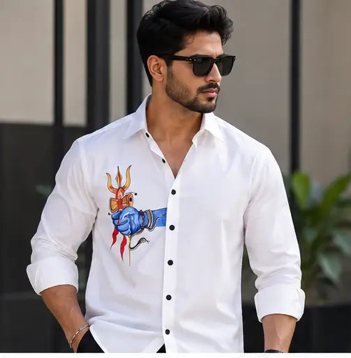 Trishul White Club Wear Printed Cotton Shirt for Men – Full Sleeve Regular Fit