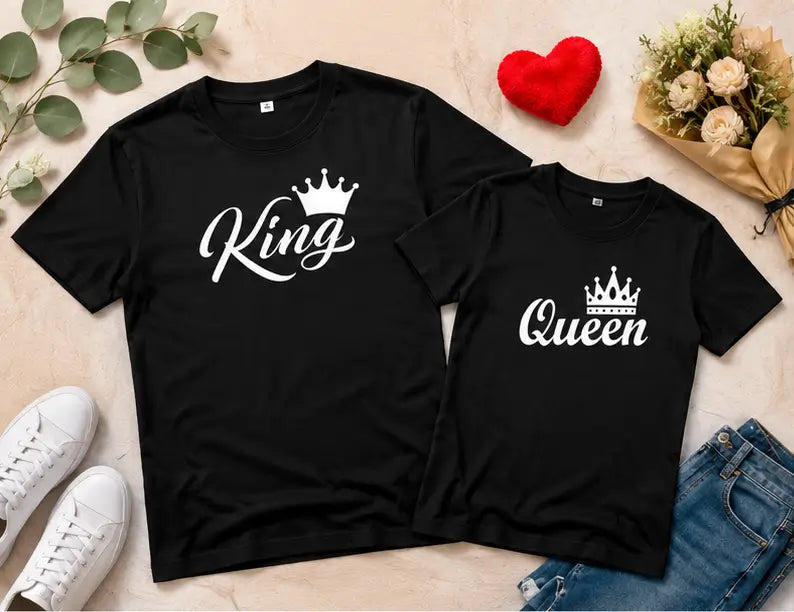 King Queen Couple T-Shirt Set – Printed Cotton Blend Matching T-Shirts for Men & Women (Pack of 2)