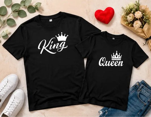 King Queen Couple T-Shirt Set – Printed Cotton Blend Matching T-Shirts for Men & Women (Pack of 2)