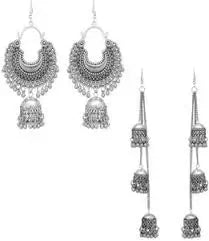 Fashionable Earring & Necklace Set – Silver Oxidised Mirror Work Jhumka Earrings for Women & Girls