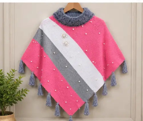 Women’s Stylish Pink Poncho with Fur Collar, Pearl Detailing & Tassel Design