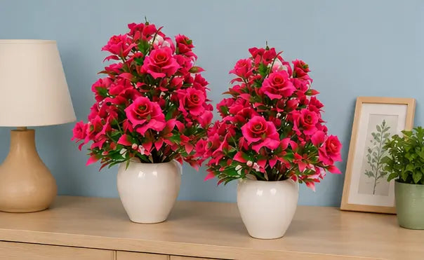 Artificial Rose Bonsai Plant in Pot – Decorative Faux Flower Plant for Home, Office & Table Décor (Set of 2)