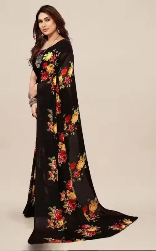 Women's Designer Georgette Floral Printed Saree with Blouse Piece – Cotton Blend, Free Size